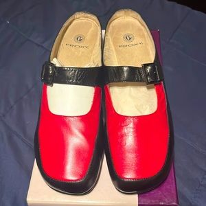 Proxy Red and Black leather strap slides. Small heel